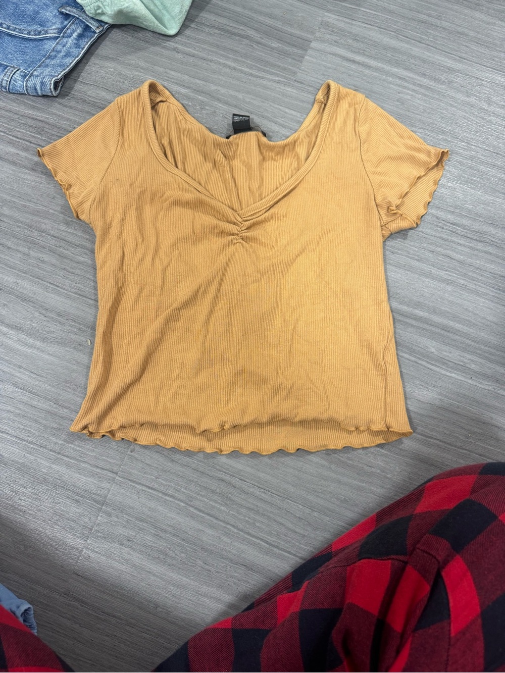 Forever 21 Mustard Ribbed V-Neck Crop Top with Rouching